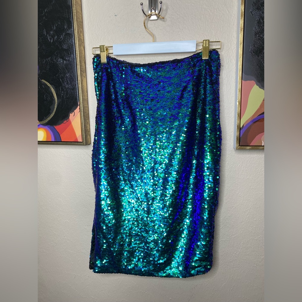 Blue Sequin Pencil Midi Skirt for Cocktail Events